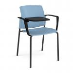 Santana 4 leg stacking chair with plastic seat and back and black frame with arms and writing tablet - blue