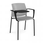 Santana 4 leg stacking chair with plastic seat and back and black frame with arms and writing tablet - grey