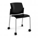 Santana 4 leg mobile chair with plastic seat and back and chrome frame with castors and no arms - black