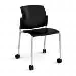 Santana 4 leg mobile chair with plastic seat and back and grey frame with castors and no arms - black