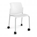 Santana 4 leg mobile chair with plastic seat and back and grey frame with castors and no arms - white