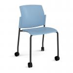 Santana 4 leg mobile chair with plastic seat and back and black frame with castors and no arms - blue