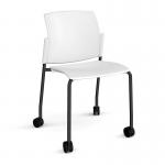 Santana 4 leg mobile chair with plastic seat and back and black frame with castors and no arms - white