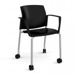 Santana 4 leg mobile chair with plastic seat and back and chrome frame with castors and fixed arms - black