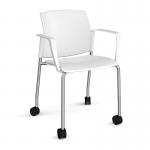 Santana 4 leg mobile chair with plastic seat and back and chrome frame with castors and fixed arms - white