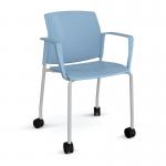 Santana 4 leg mobile chair with plastic seat and back and grey frame with castors and fixed arms - blue
