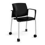 Santana 4 leg mobile chair with plastic seat and back and grey frame with castors and fixed arms - black