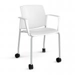 Santana 4 leg mobile chair with plastic seat and back and grey frame with castors and fixed arms - white SNT201-G-WH