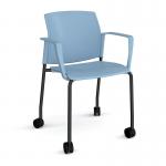 Santana 4 leg mobile chair with plastic seat and back and black frame with castors and fixed arms - blue SNT201-K-B