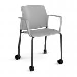 Santana 4 leg mobile chair with plastic seat and back and black frame with castors and fixed arms - grey
