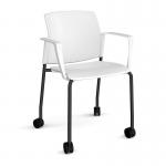 Santana 4 leg mobile chair with plastic seat and back and black frame with castors and fixed arms - white SNT201-K-WH