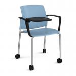Santana 4 leg mobile chair with plastic seat and back and chrome frame with castors and arms and writing tablet - blue