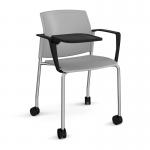 Santana 4 leg mobile chair with plastic seat and back and chrome frame with castors and arms and writing tablet - grey