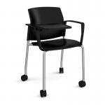 Santana 4 leg mobile chair with plastic seat and back and chrome frame with castors and arms and writing tablet - black