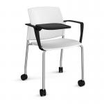 Santana 4 leg mobile chair with plastic seat and back and chrome frame with castors and arms and writing tablet - white