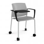Santana 4 leg mobile chair with plastic seat and back and grey frame with castors and arms and writing tablet - grey SNT202-G-G