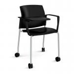 Santana 4 leg mobile chair with plastic seat and back and grey frame with castors and arms and writing tablet - black