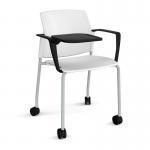 Santana 4 leg mobile chair with plastic seat and back and grey frame with castors and arms and writing tablet - white