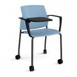 Santana 4 leg mobile chair with plastic seat and back and black frame with castors and arms and writing tablet - blue