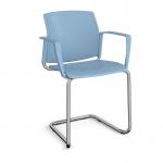 Santana cantilever chair with plastic seat and back and chrome frame and fixed arms - blue