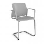 Santana cantilever chair with plastic seat and back and chrome frame and fixed arms - grey