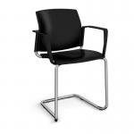 Santana cantilever chair with plastic seat and back and chrome frame and fixed arms - black