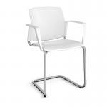 Santana cantilever chair with plastic seat and back and chrome frame and fixed arms - white