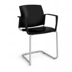 Santana cantilever chair with plastic seat and back and grey frame and fixed arms - black