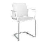 Santana cantilever chair with plastic seat and back and grey frame and fixed arms - white