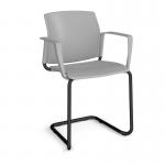 Santana cantilever chair with plastic seat and back and black frame and fixed arms - grey