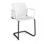 Santana cantilever chair with plastic seat and back and black frame and fixed arms - white