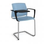 Santana cantilever chair with plastic seat and back and chrome frame with arms and writing tablet - blue