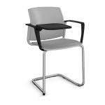 Santana cantilever chair with plastic seat and back and chrome frame with arms and writing tablet - grey