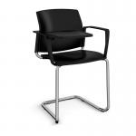 Santana cantilever chair with plastic seat and back and chrome frame with arms and writing tablet - black