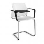 Santana cantilever chair with plastic seat and back and chrome frame with arms and writing tablet - white