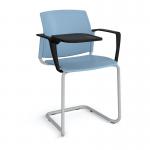 Santana cantilever chair with plastic seat and back and grey frame with arms and writing tablet - blue