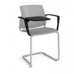Santana cantilever chair with plastic seat and back and grey frame with arms and writing tablet - grey