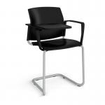 Santana cantilever chair with plastic seat and back and grey frame with arms and writing tablet - black