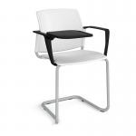 Santana cantilever chair with plastic seat and back and grey frame with arms and writing tablet - white