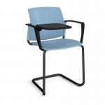 Santana cantilever chair with plastic seat and back and black frame with arms and writing tablet - blue