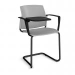 Santana cantilever chair with plastic seat and back and black frame with arms and writing tablet - grey