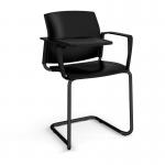 Santana cantilever chair with plastic seat and back and black frame with arms and writing tablet - black