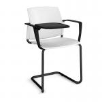 Santana cantilever chair with plastic seat and back and black frame with arms and writing tablet - white