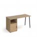 The Dams Pedestal Desk Sparta straight desk is a modern and practical workspace solution. Its charcoal frame and oak finish add a touch of sophistication, while the A-frame leg and support pedestal with a cupboard door provide ample storage space. The desk measures 1400mm x 600mm, making it an ideal size for any office setting.