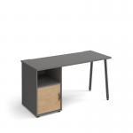 Sparta straight desk 1400mm x 600mm with A-frame leg and support pedestal with cupboard door - charcoal frame, grey finish with oak door SP614P-C-OG-KO