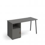 Sparta straight desk 1400mm x 600mm with A-frame leg and support pedestal with cupboard door - charcoal frame, grey finish with grey door SP614P-C-OG-OG