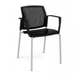 Santana 4 leg stacking chair with plastic seat and perforated back and grey frame and fixed arms - black