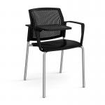 Santana 4 leg stacking chair with plastic seat and perforated back and chrome frame with arms and writing tablet - black