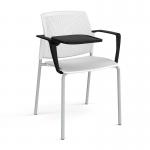 Santana 4 leg stacking chair with plastic seat and perforated back and grey frame with arms and writing tablet - white SPB102-G-WH