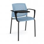 Santana 4 leg stacking chair with plastic seat and perforated back and black frame with arms and writing tablet - blue SPB102-K-B